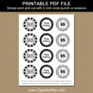 two inch round 95th birthday cupcake toppers printable pdf in black silver white