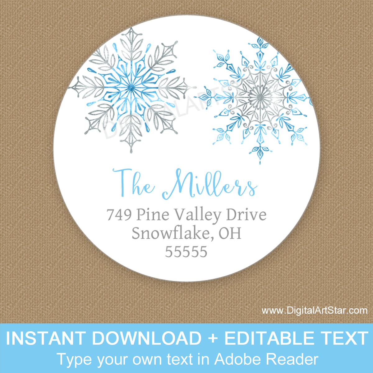 2 Inch Round Snowflake Address Labels Blue Silver White
