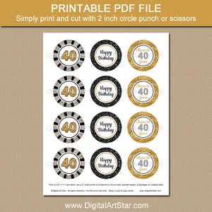 40th Birthday Cupcake Picks Printable PDF in Gold Silver and Black Glitter