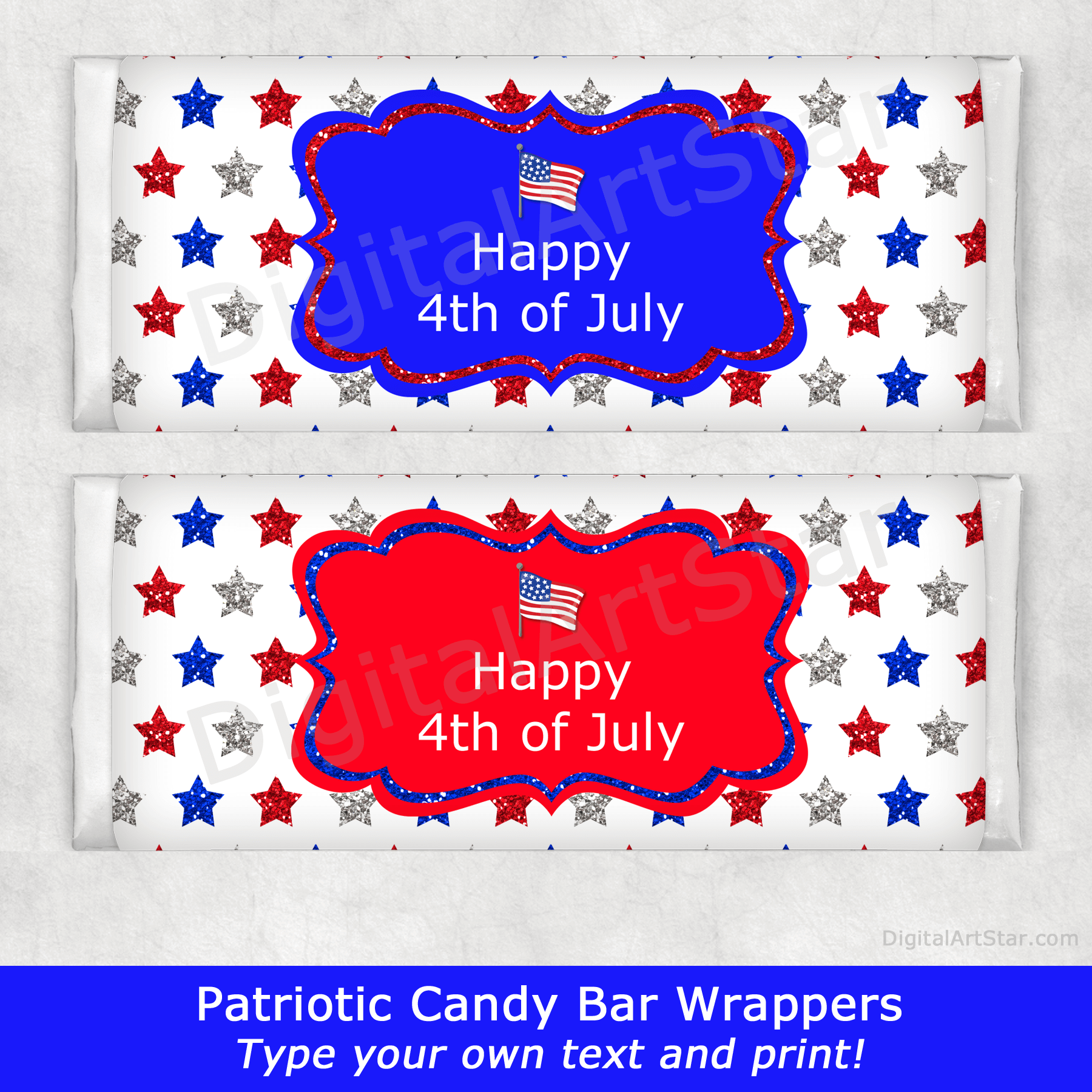 4th of July Candy Bar Wrappers with Red, White, and Blue Glitter Stars