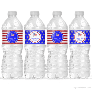 4th of July Water Bottle Labels with Glitter Stars and Stripes