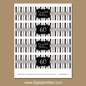 Black and Silver Glitter Water Bottle Labels for 60th Birthday Party Decorations