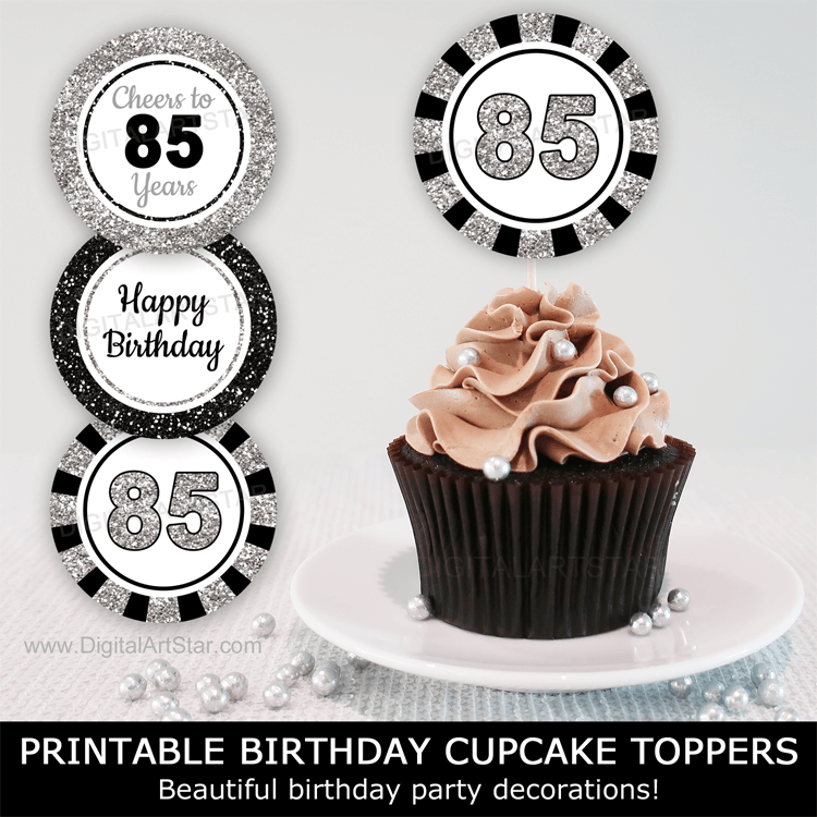 85th birthday cupcake toppers in black and silver glitter