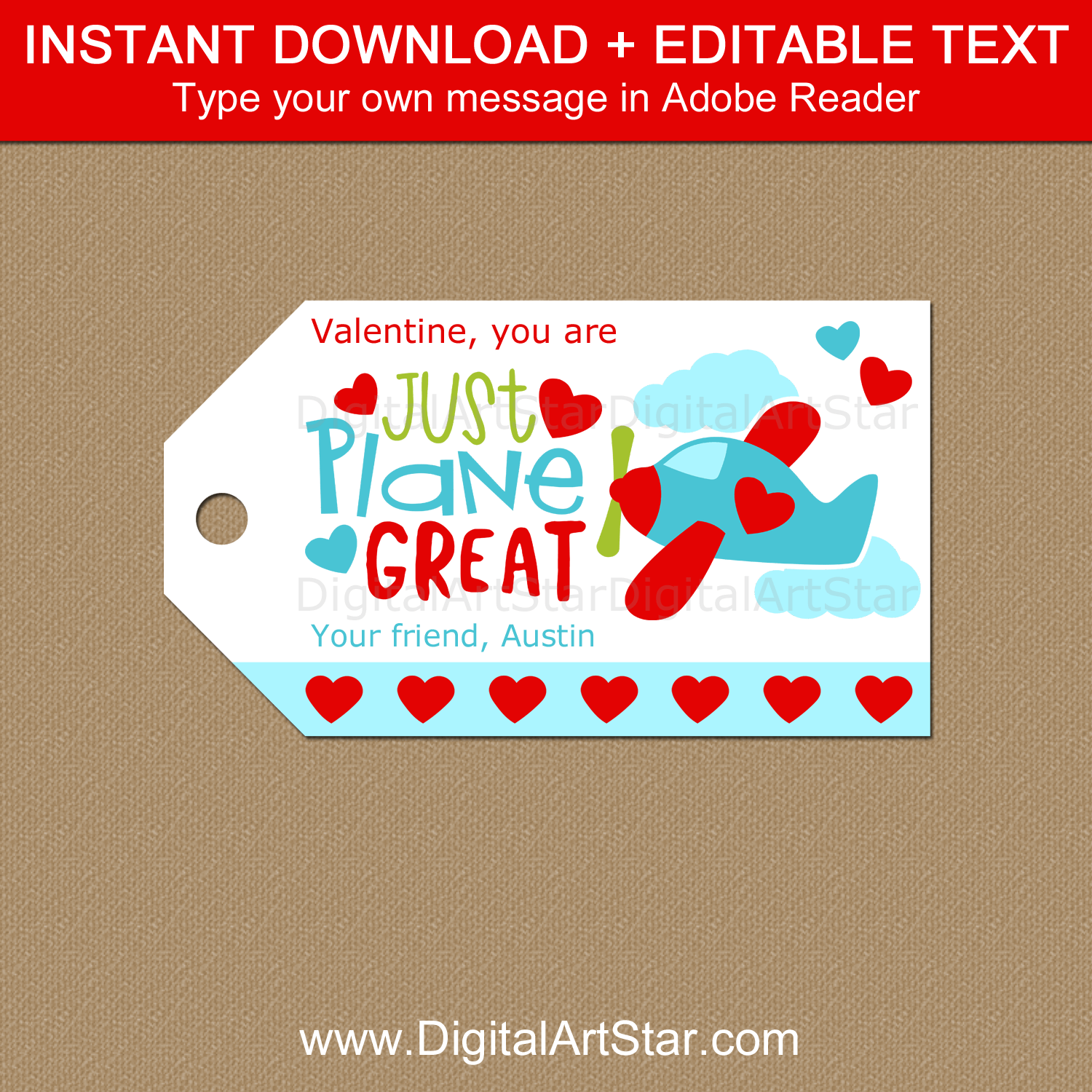 Airplane Valentine Tags Instant Download