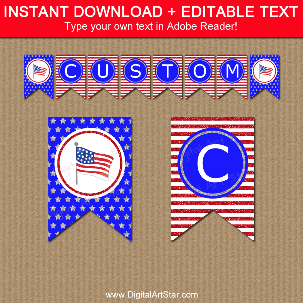 American Stars and Stripes Printable Banner Instant Download