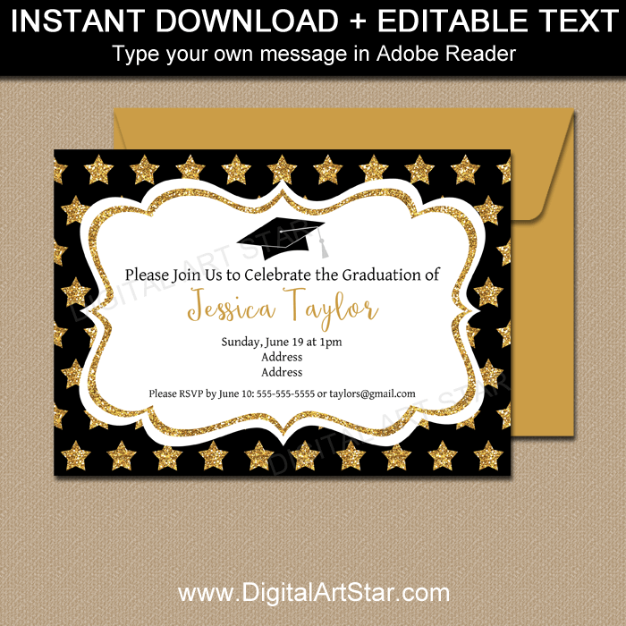 Instant Download Black White and Gold Graduation Invitations with Stars