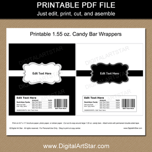 Black and White Party Favor Candy Bar Wrappers Printable PDF