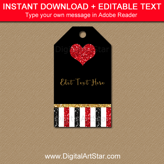 Black Red Gold Glitter Heart Tag