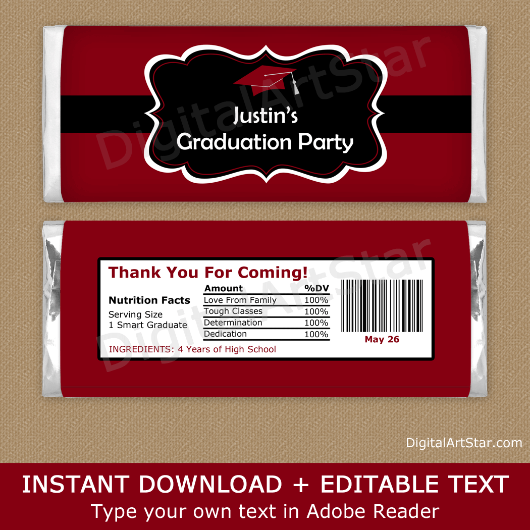 Burgundy and Black Graduation Personalized Candy Bar Wrappers Template