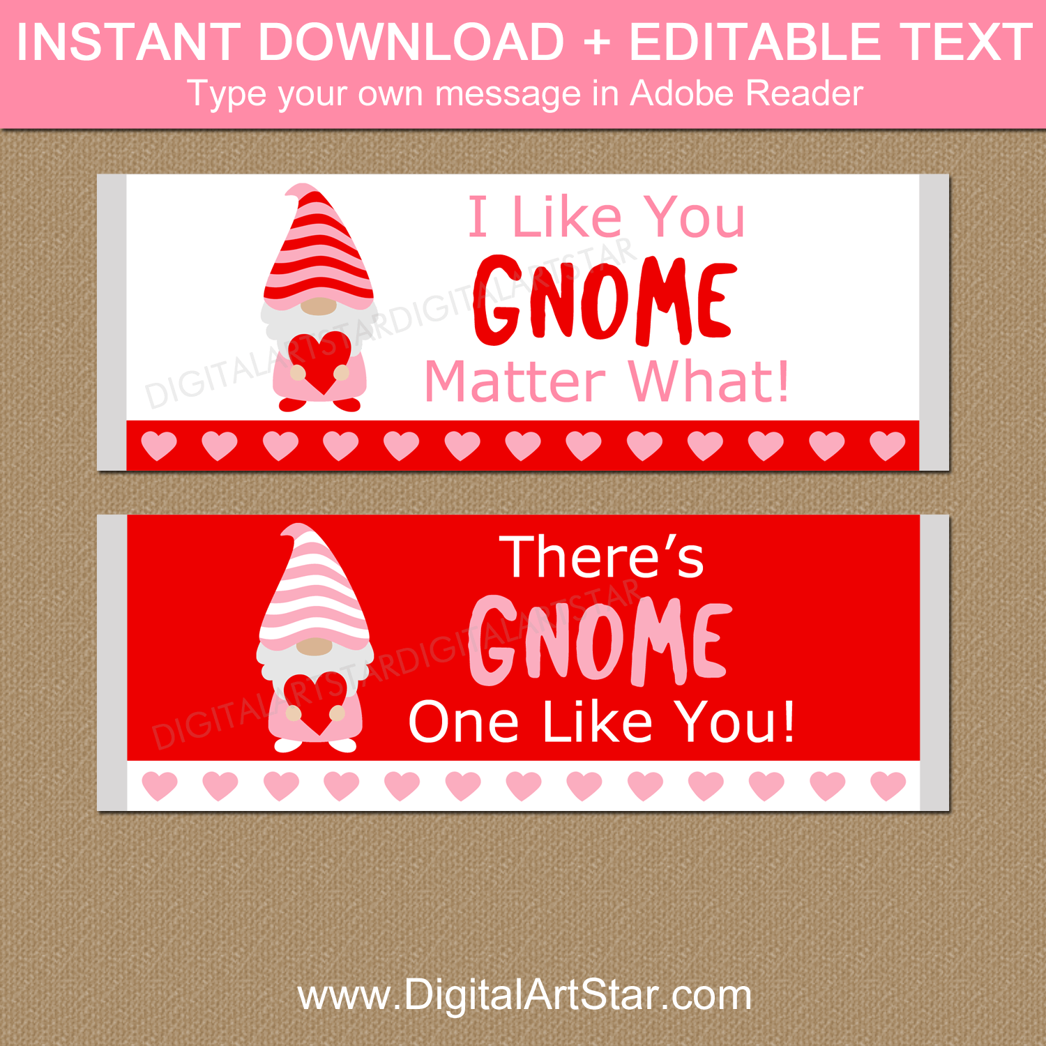 Instant Download Gnome Valentine Candy Bar Labels