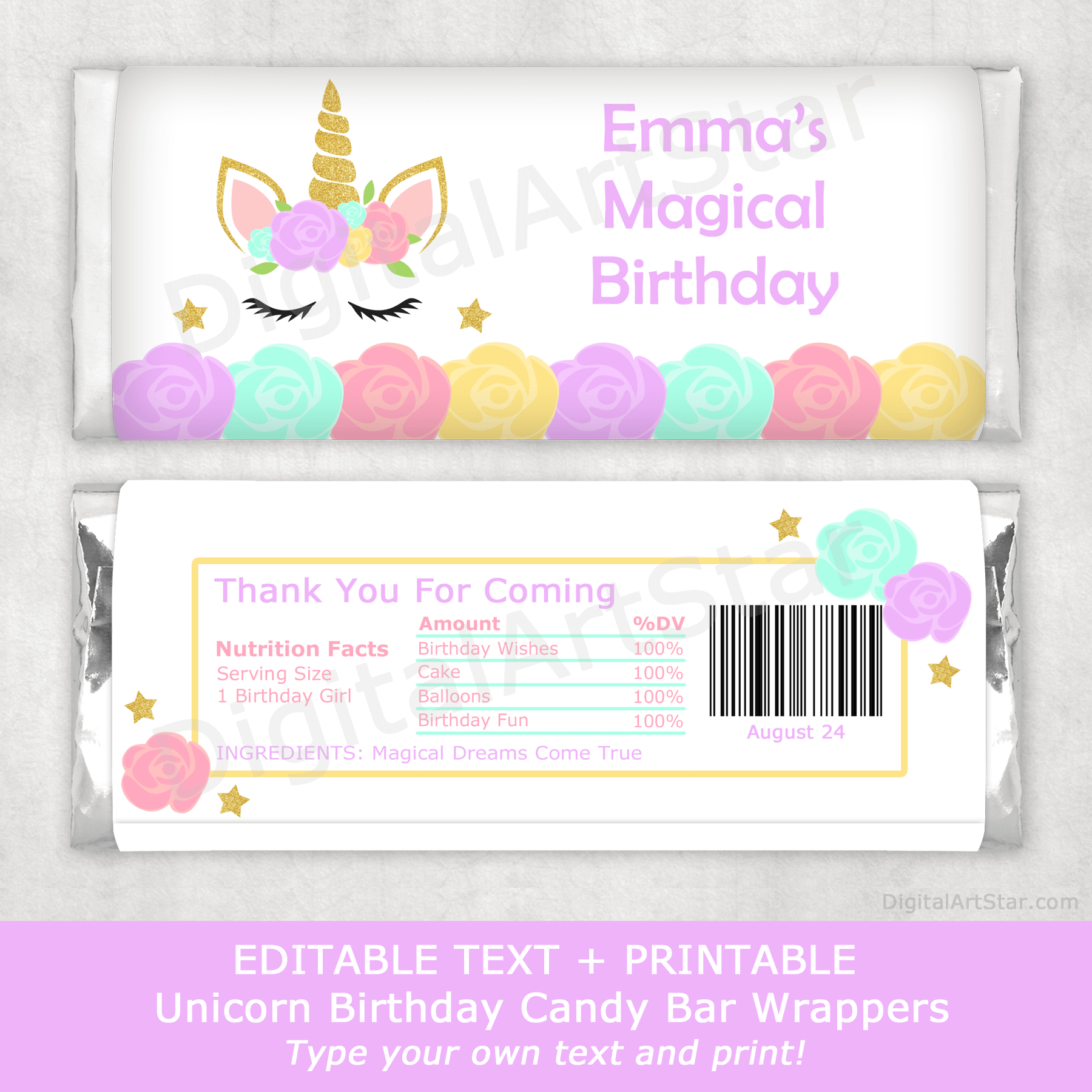 Floral Unicorn Birthday Candy Wrapper Template