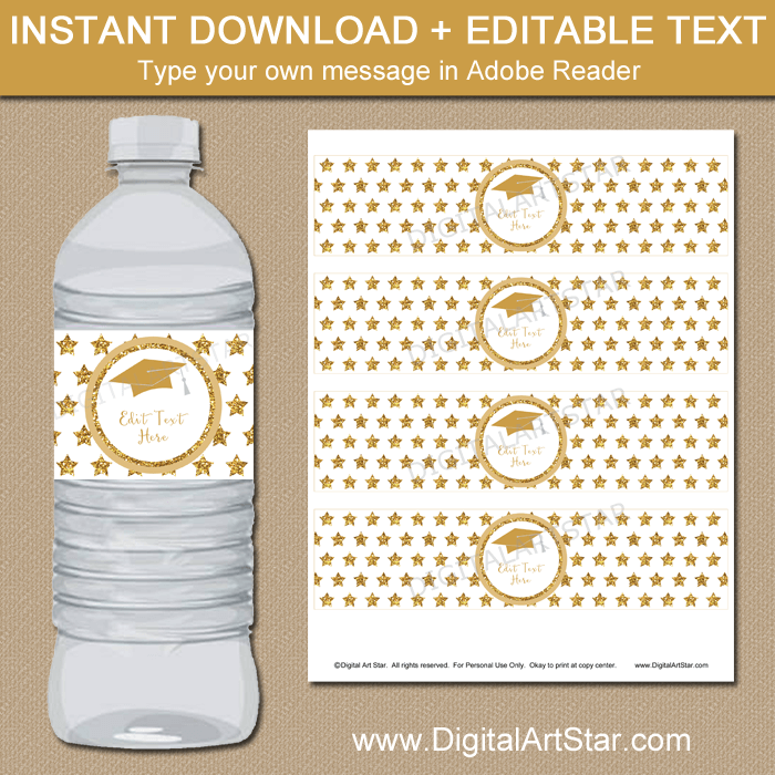Gold Graduation Party Water Bottle Labels with Gold Glitter Stars