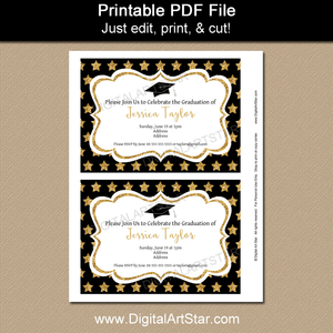 Black White and Gold Graduation Invitation Printable with Gold Glitter Stars