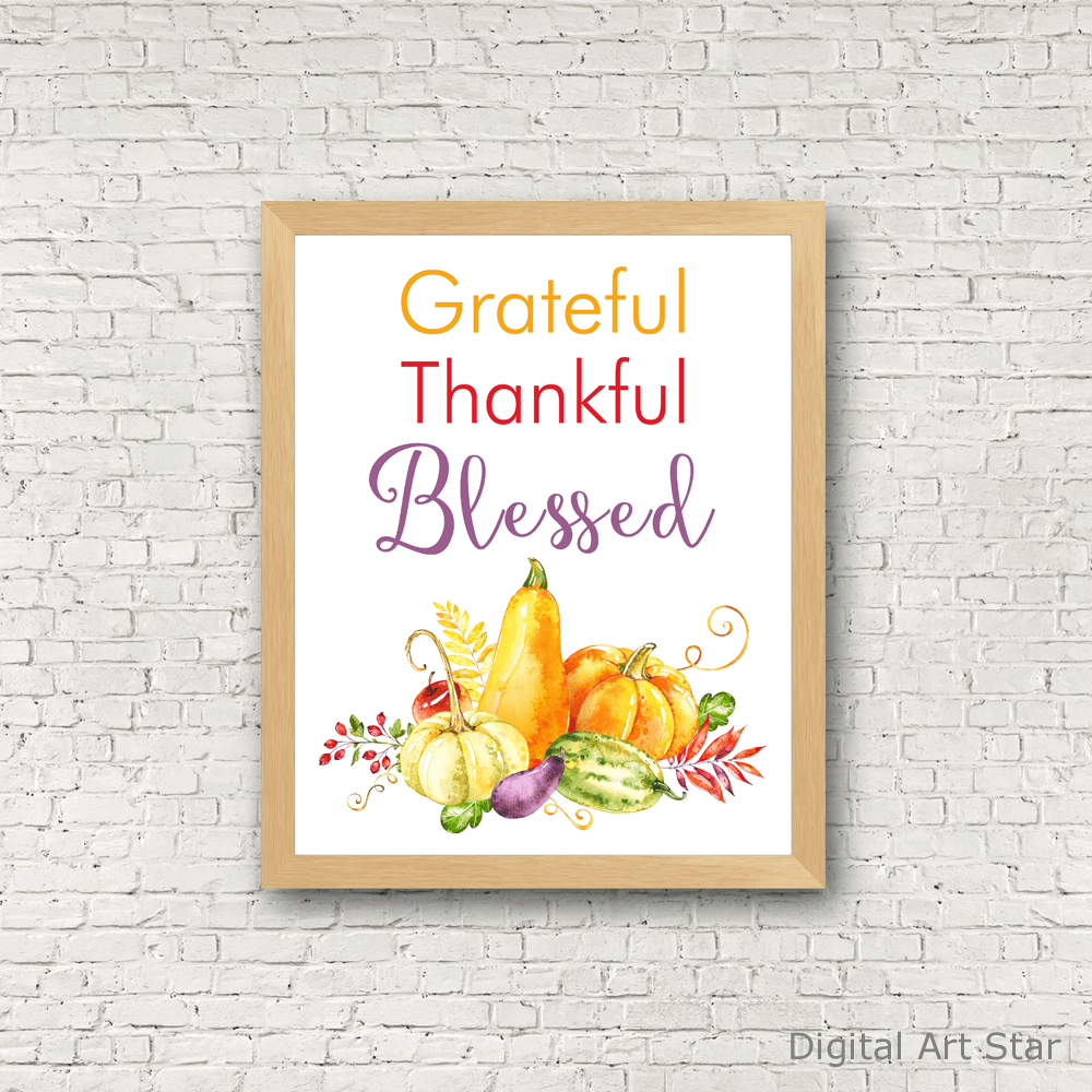 Grateful Thankful Blessed Wall Art with Gourds