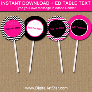 Hot Pink and Black Birthday Cupcake Toppers Printable Template