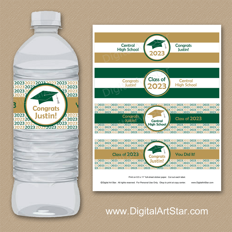 Hunter Green and Gold Graduation Water Bottle Labels 2023