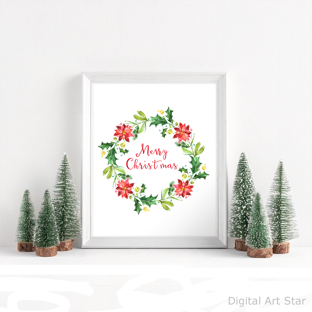 Merry Christmas Sign Printable with Watercolor Wreath