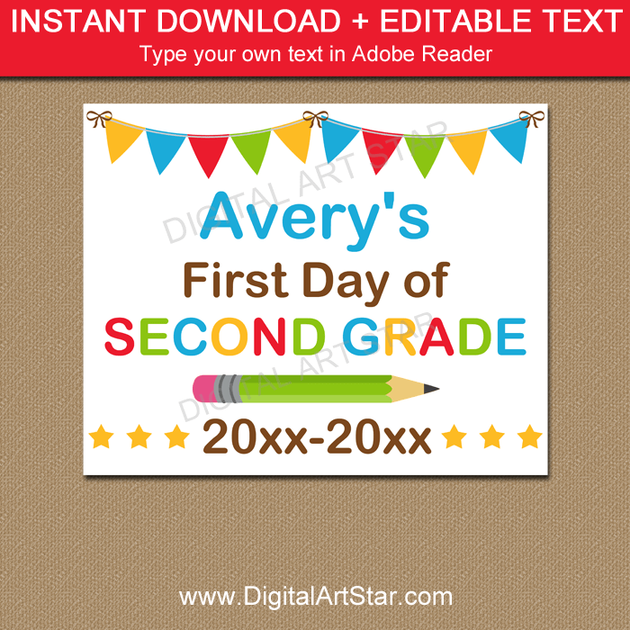 Personalized First Day of Second Grade Sign Printable