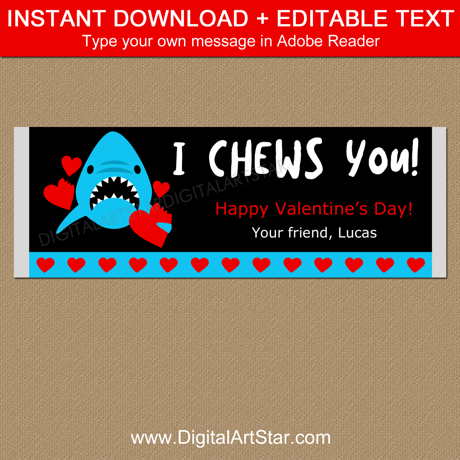 Printable Shark Valentine Candy Bar Wrapper Editable Template