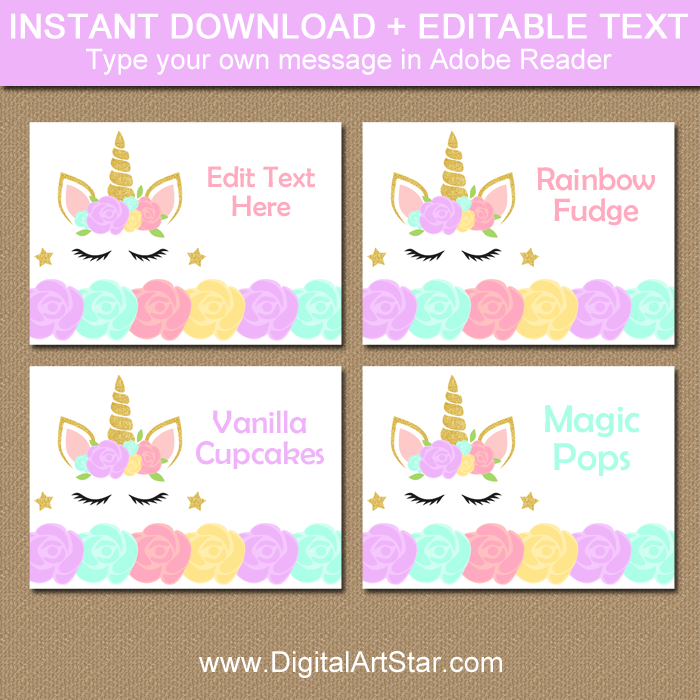 Printable Unicorn Place Cards and Food Tents
