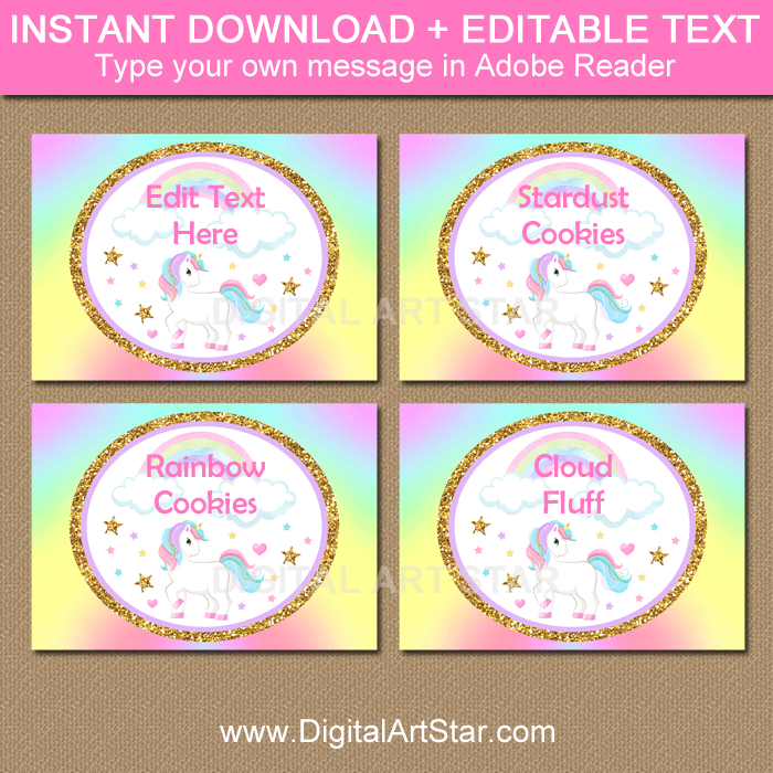 Instant Download Rainbow Unicorn Party Supplies Labels