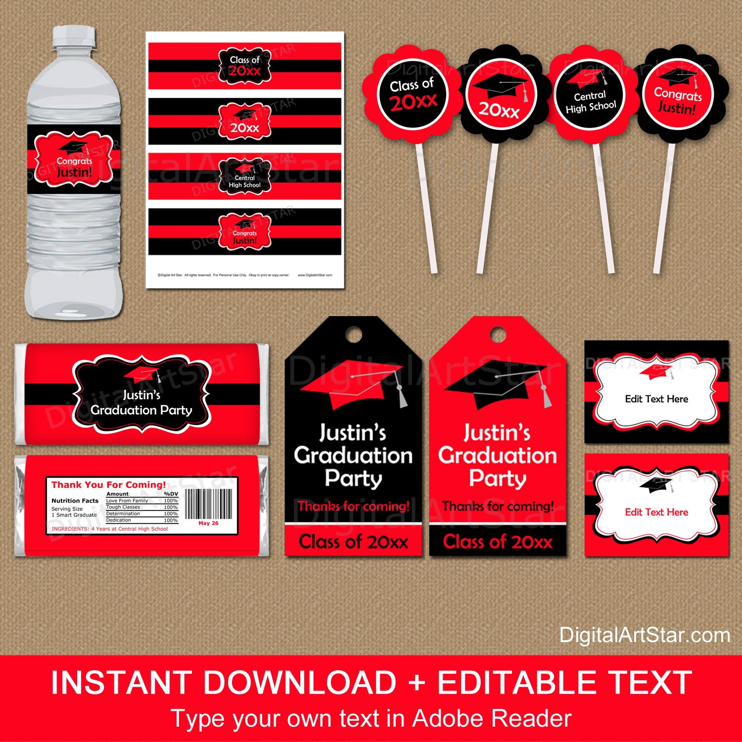 Red and Black Graduation Party Supplies Package Printable