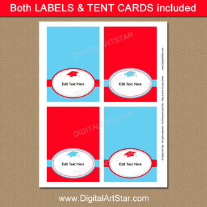 Printable Red and Sky Blue Graduation Place Cards and Food Tents