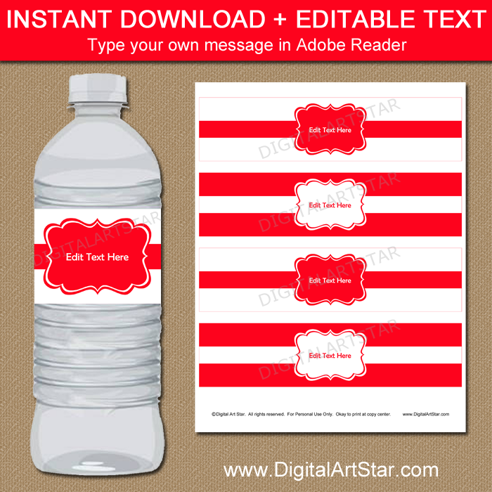 Instant Download Red Water Bottle Labels