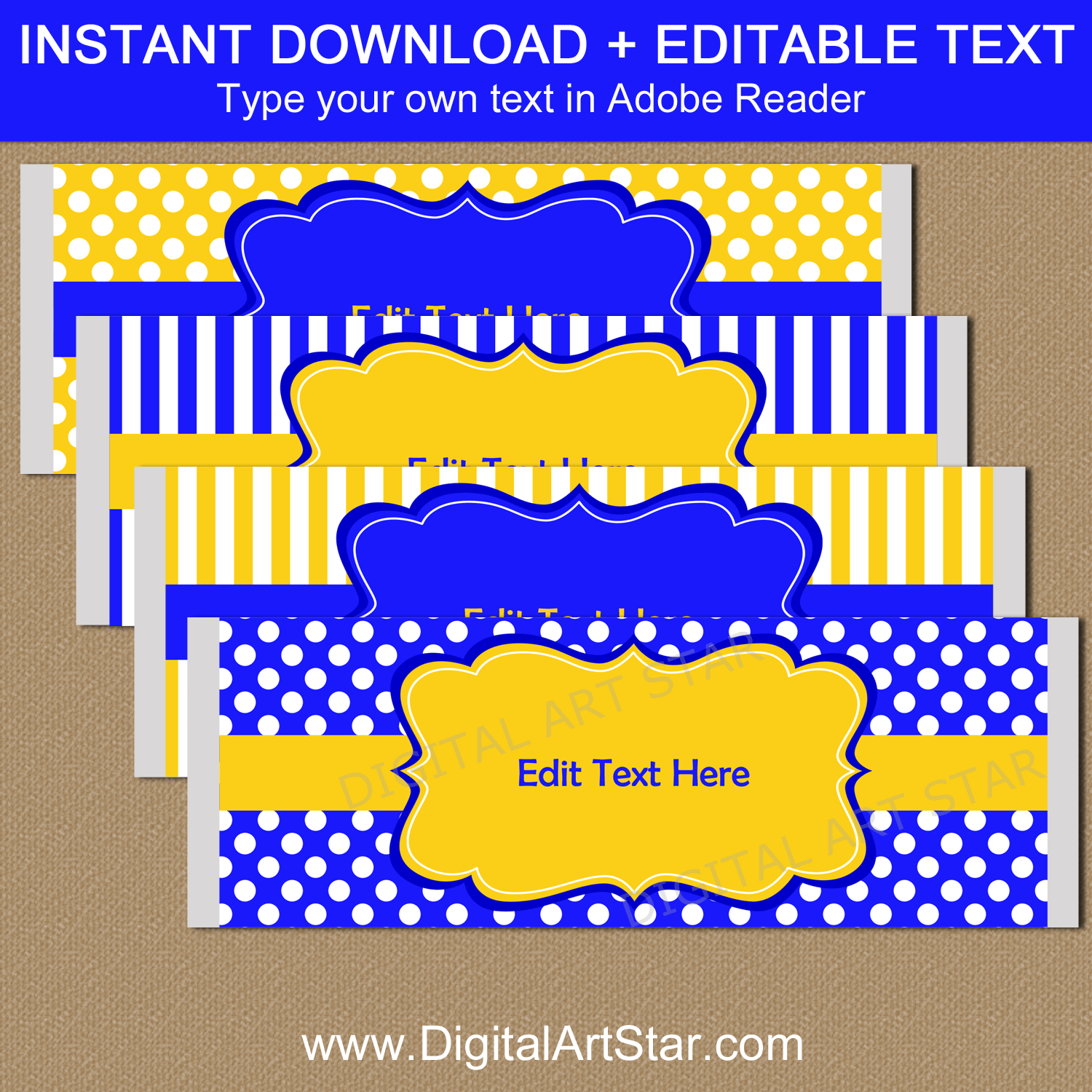 Royal Blue and Yellow Candy Wrappers Editable Template