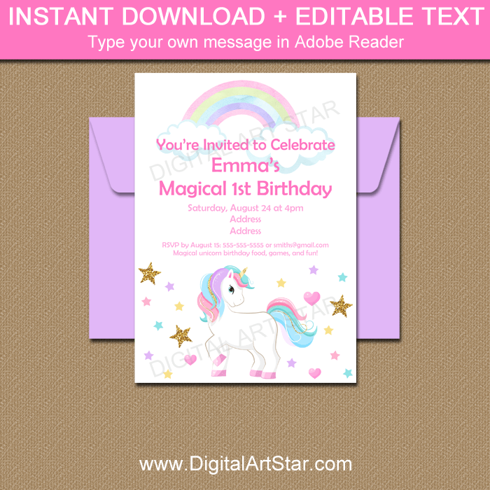 Unicorn 1st Birthday Invitation Editable Template