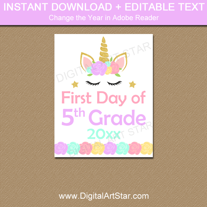 Instant Download First Day of Fifth Grade Sign Template