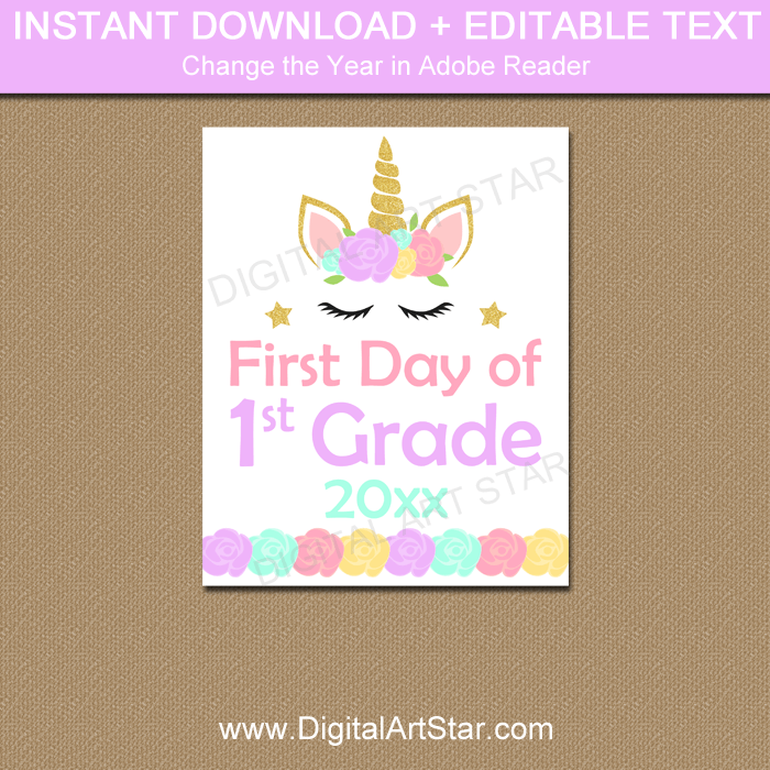 Unicorn First Day of First Grade Sign Printable 2019