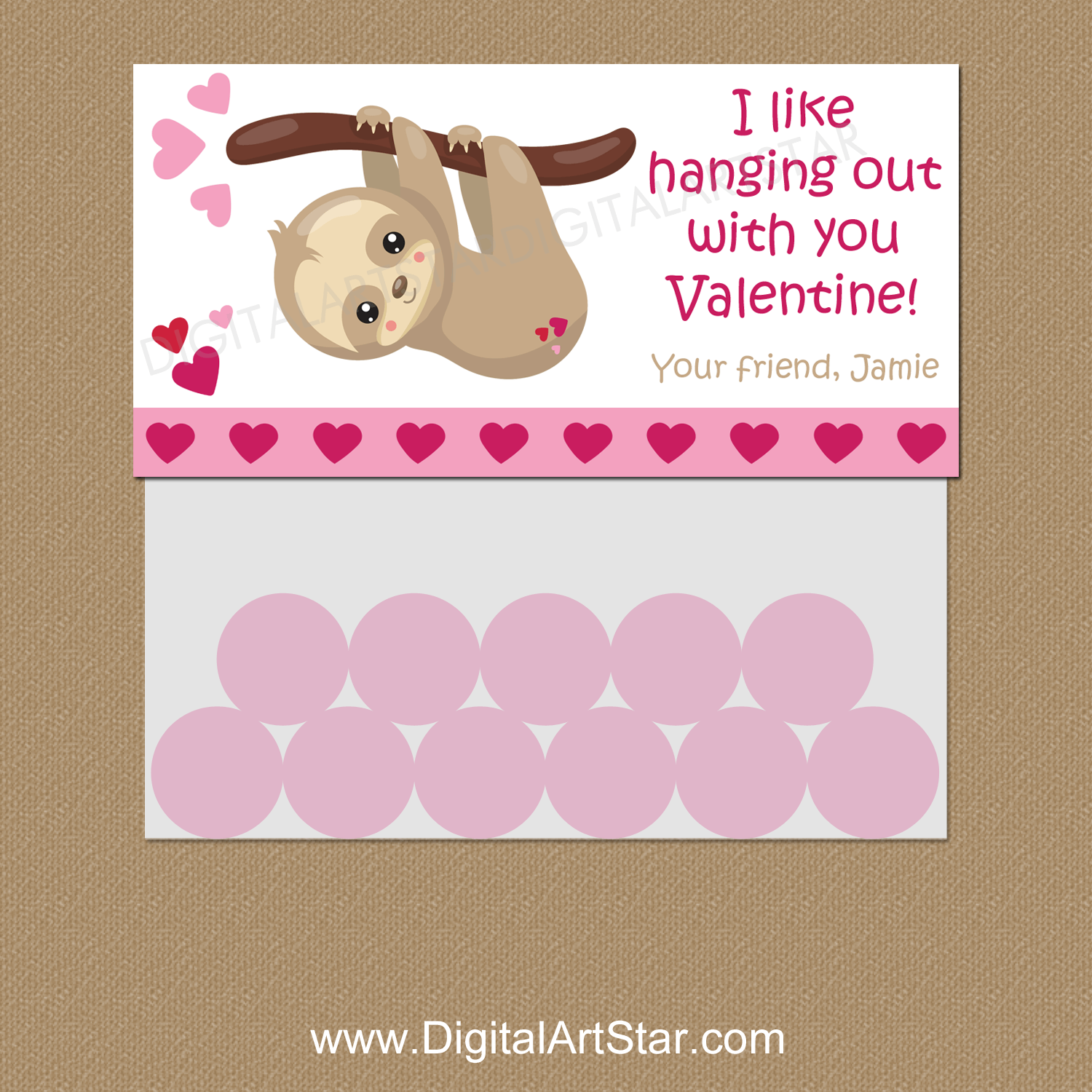 Valentine Sloth Candy Bag Toppers Personalized
