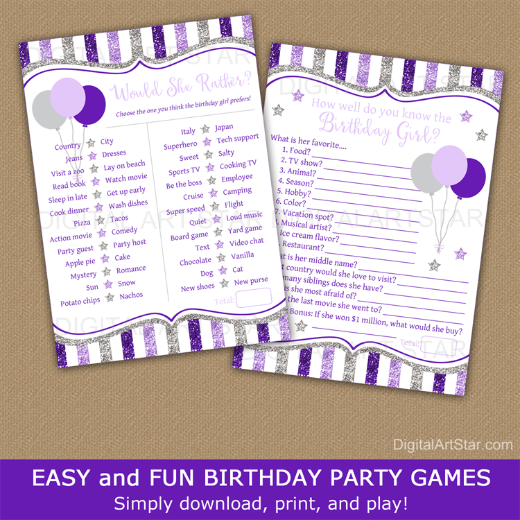 Birthday Girl Questions Game Bundle 2 Pack Purple Lavender Silver