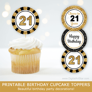 Black and Gold Glitter 21st Birthday Cupcake Toppers Decorations