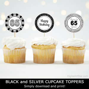 Black and Silver glitter happy 65th birthday cupcake toppers decorations