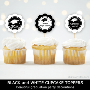 Black and White Cupcake Toppers Personalized Graduation Decor