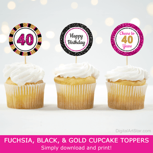 Black Gold and Fuchsia 40th Birthday Cupcake Toppers Cheers to 40 Years