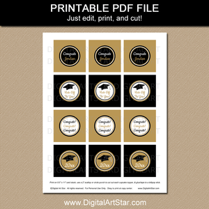 Black and Gold Graduation Printable Cupcake Toppers for Formal Graduation Party