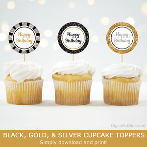 Black Gold and Silver Birthday Decorations Cupcake Toppers Printable Download