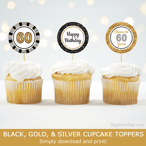 Black Gold and Silver Happy 60th Birthday Cupcake Toppers Cheers to 60 Years
