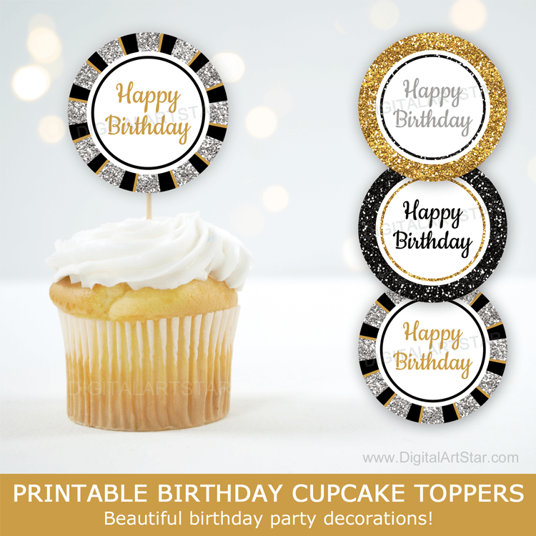 Black Gold and Silver Happy Birthday Cupcake Toppers Party Decorations
