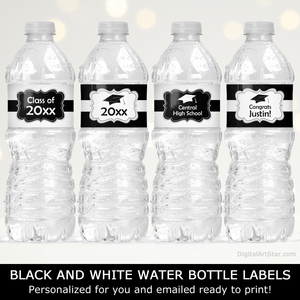 Black and White Graduation Water Bottle Labels Personalized Graduation Party Decor