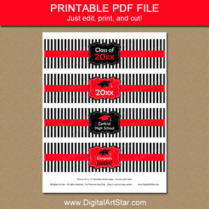 Black White Red Striped Graduation Printable Water Bottle Label Template