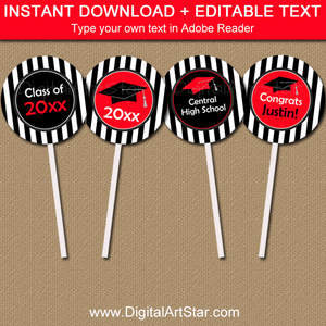 Black and White Striped Graduation Cupcake Toppers Red Accents