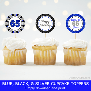 Blue and Black Happy 65th Birthday Cupcake Toppers for Men