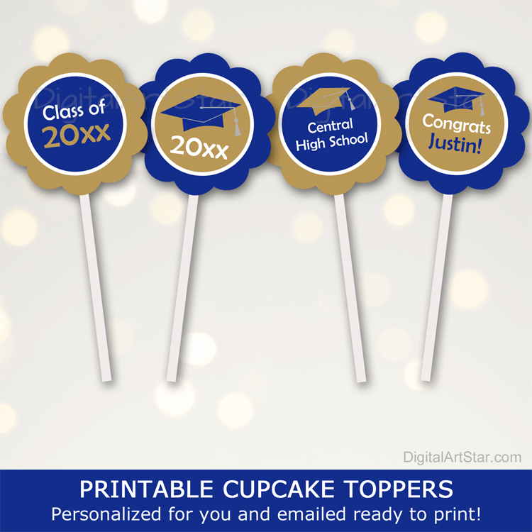 Blue and Gold Graduation Cupcake Toppers Personalized Emailed Printable