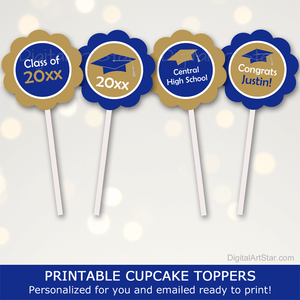 Blue and Gold Graduation Cupcake Toppers Personalized Emailed Printable