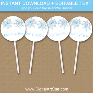 Blue and Silver Snowflake Cupcake Toppers Printable Decorations