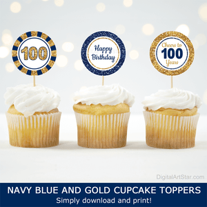 Blue Gold and White 100th Birthday Cupcake Picks for Mens Birthday Decorations
